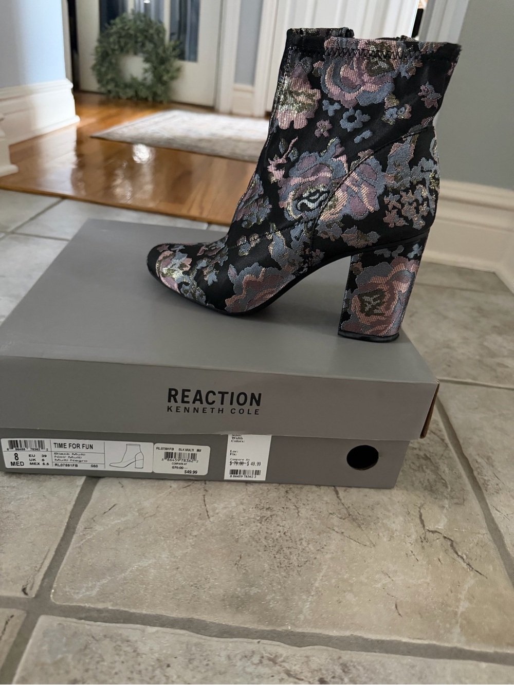 Kenneth Cole Reaction Black Floral Brocade Ankle Boots